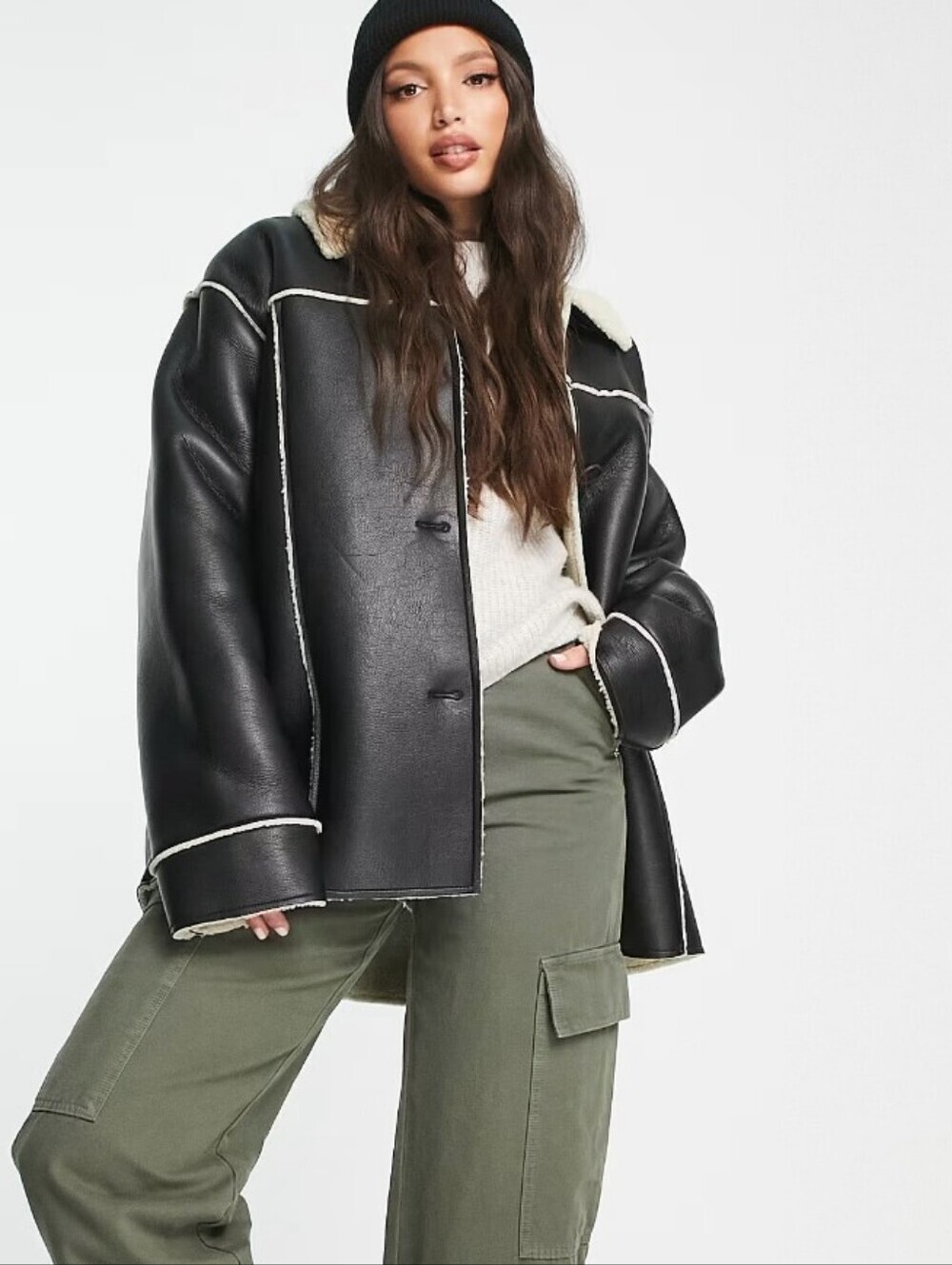 Asos Design Faux Leather Bonded Black Borg Jacket With Sherpa Size 4
